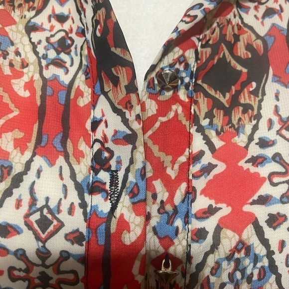 Sans Souci women's S semi sheer sleeveless artsy boho print button back top GUC - Picture 3 of 7